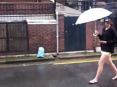 Korean girl in mid 20s (long legs in shorts) sees my cock